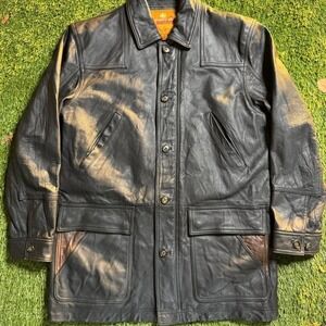 The Territory Ahead Leather Jacket Mens Large Black Field Barn Coat Zip Button